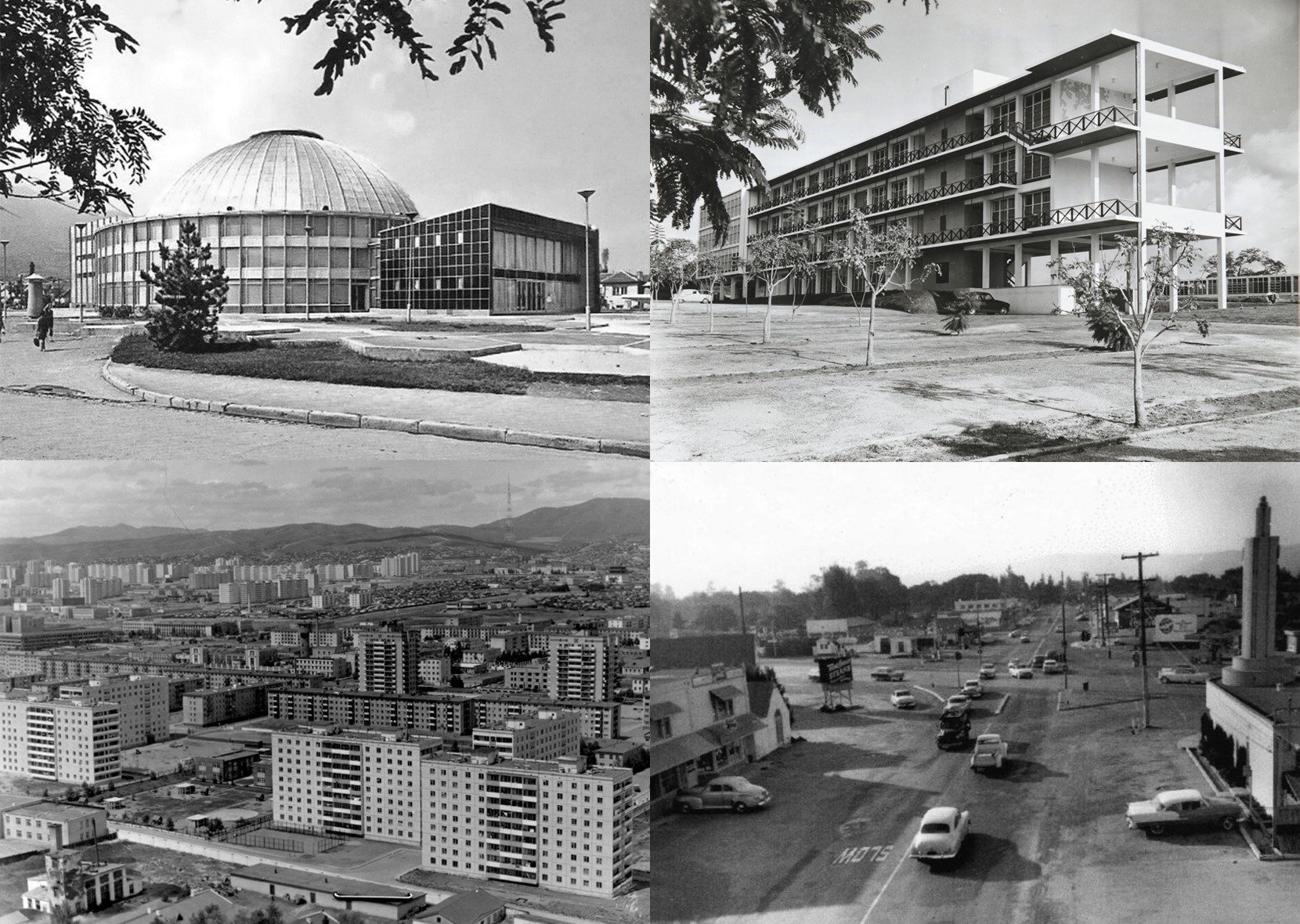 Archivbilder der vier Städte: (o.l.) Universal Hall in Skopje, 1964; (o.r.) KNUST University Campus in Kumasi, 1957; (u.l.) Microdistrict III und IV in Ulaanbaatar, 1986; (u.r.) Highway 101 in East Palo Alto, 1937 Foto: Architekturmuseum München